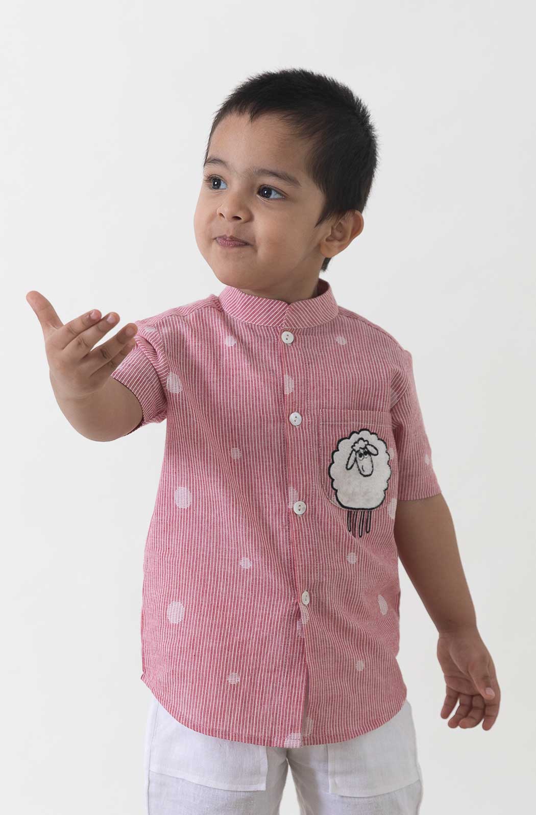 Boy Sheep Embroidered Cotton Shirt  - Pink