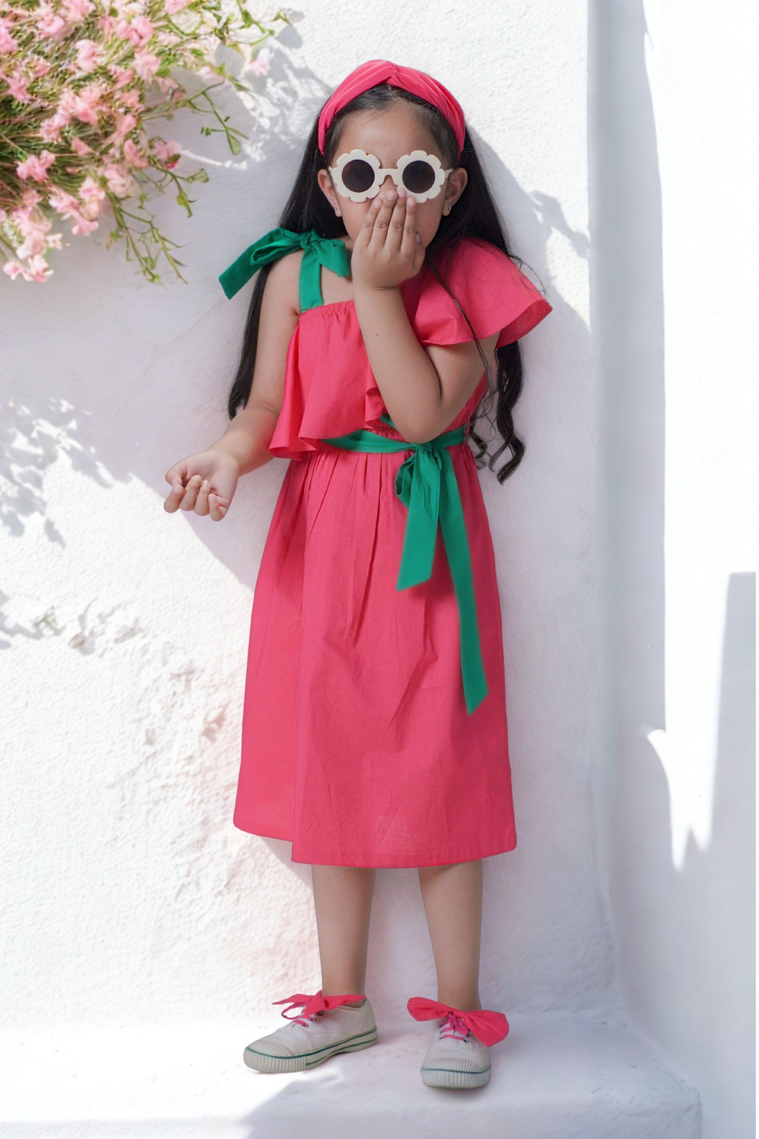 Girls Solid Ruffle Dress-Pink