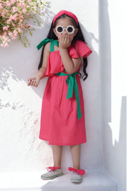 Girls Solid Ruffle Dress-Pink