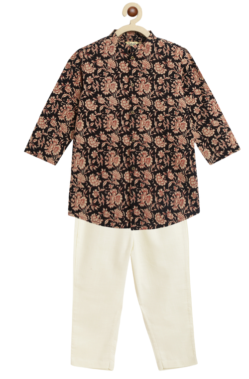 Floral Printed Kurta Set- Black