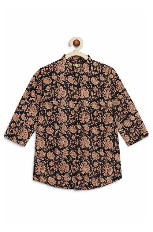 Floral Printed Kurta- Black