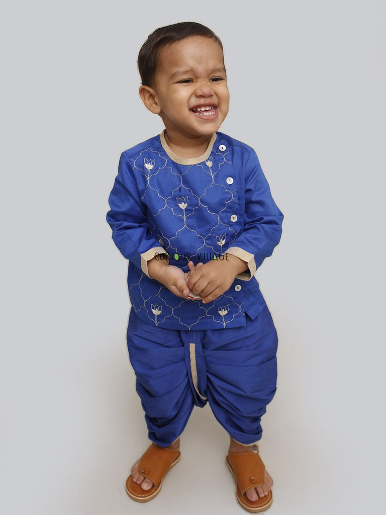 Buy Baby Boy Blue Jaal Dhoti Set by Tiber Taber Kids