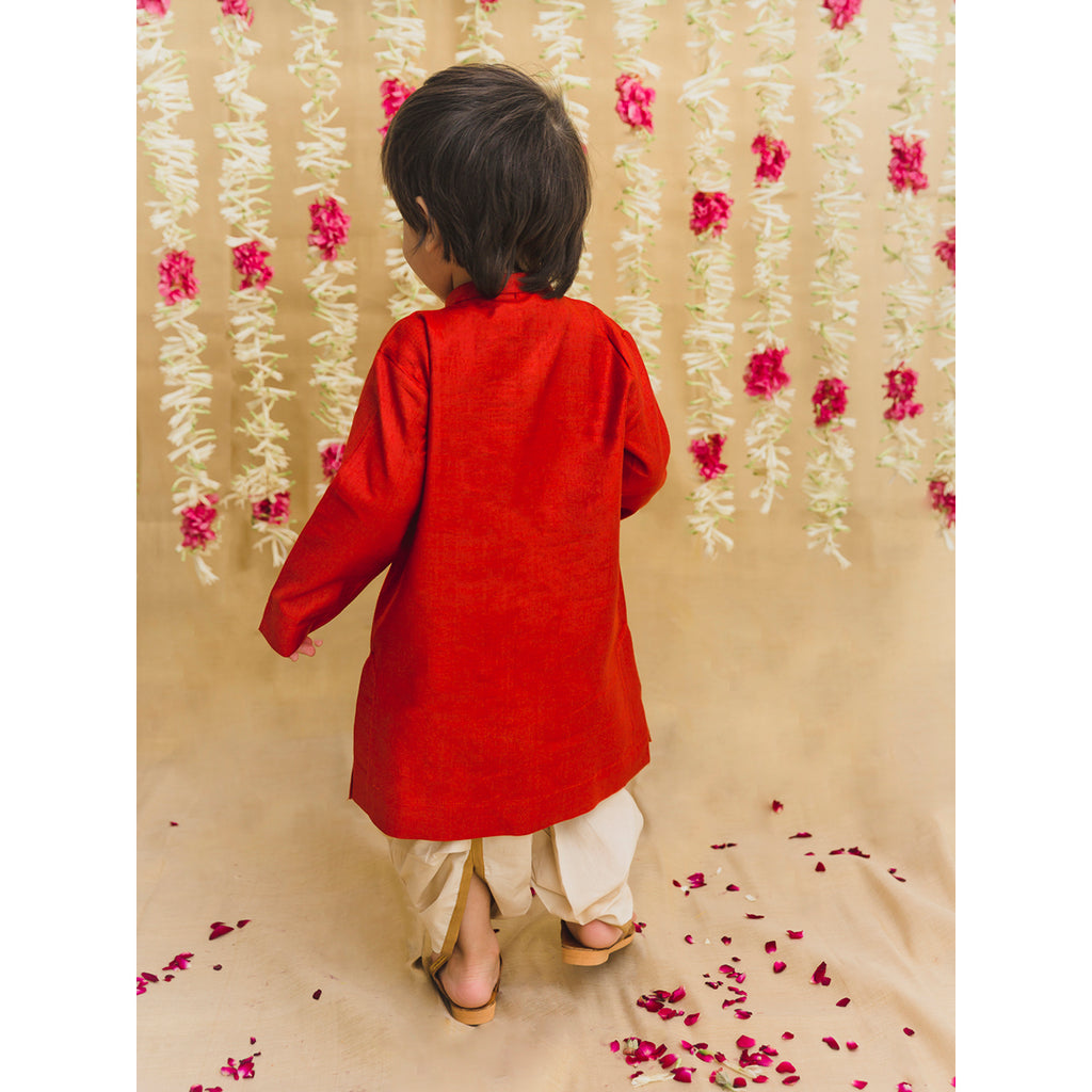 Buy Boys Red Silk Buta Dhoti Set by Tiber Taber Kids
