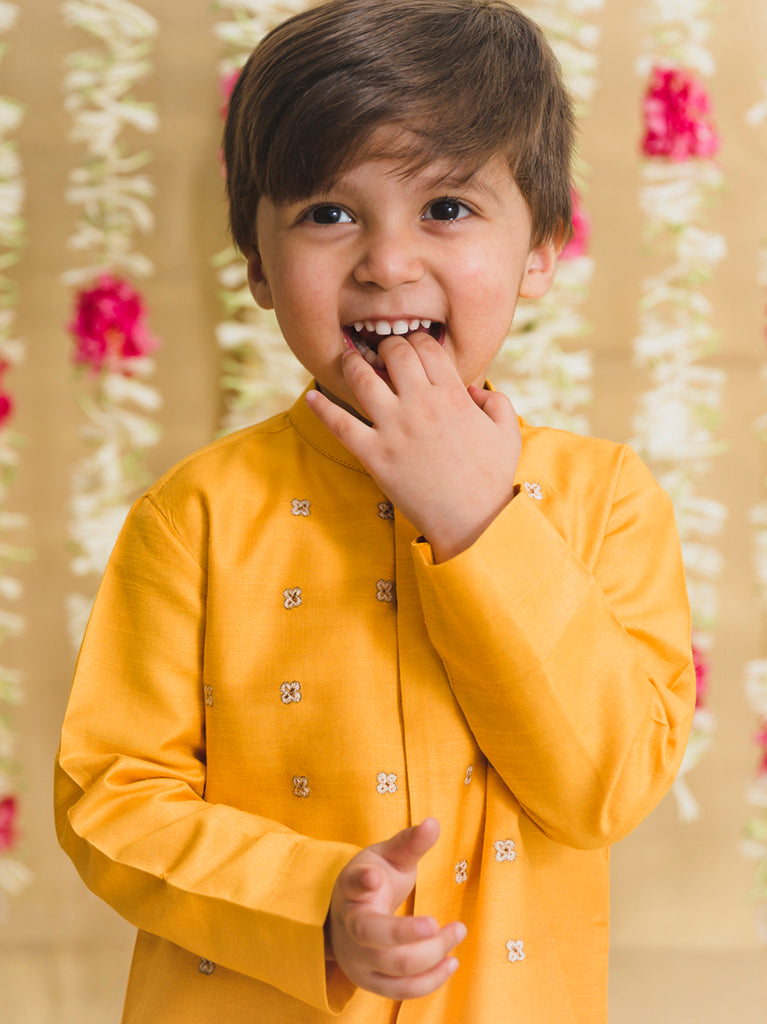 Boys Yellow Silk Buta Dhoti Set