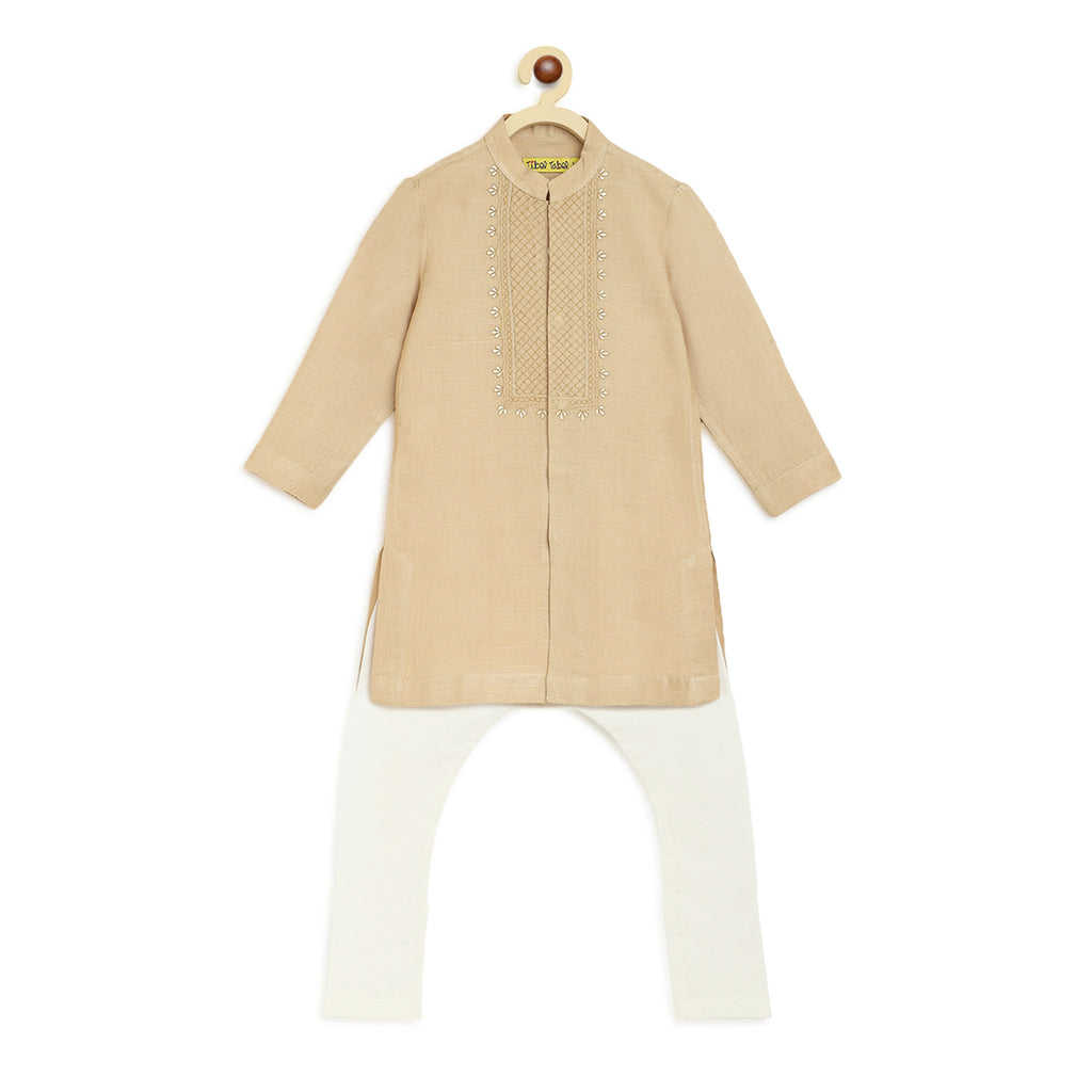 Buy Boys Beige Cross Yoke Kurta Set by Tiber Taber Kids