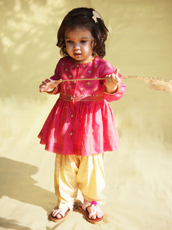 Baby Girl Pink Chanderi Buta Angrakha Set