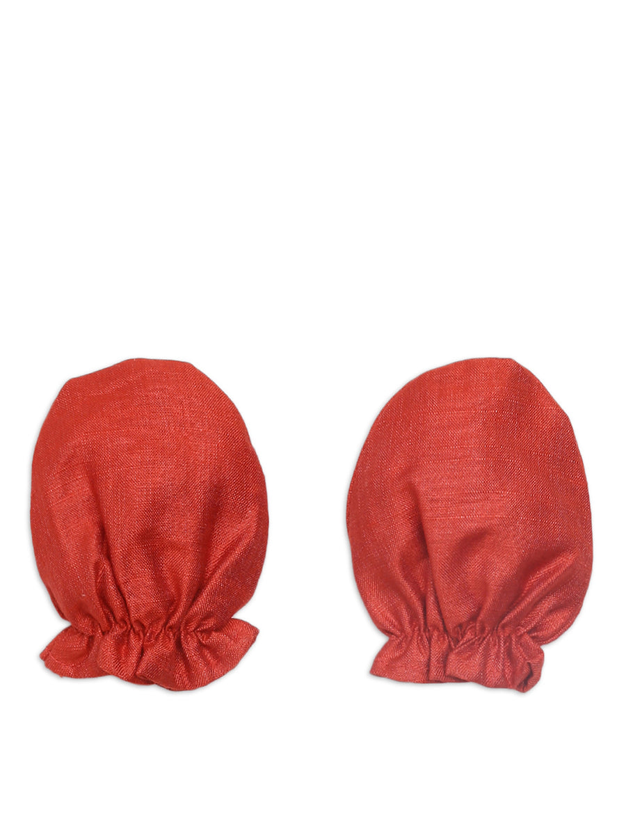 Baby Silk Red Booties Mittens And Cap Set