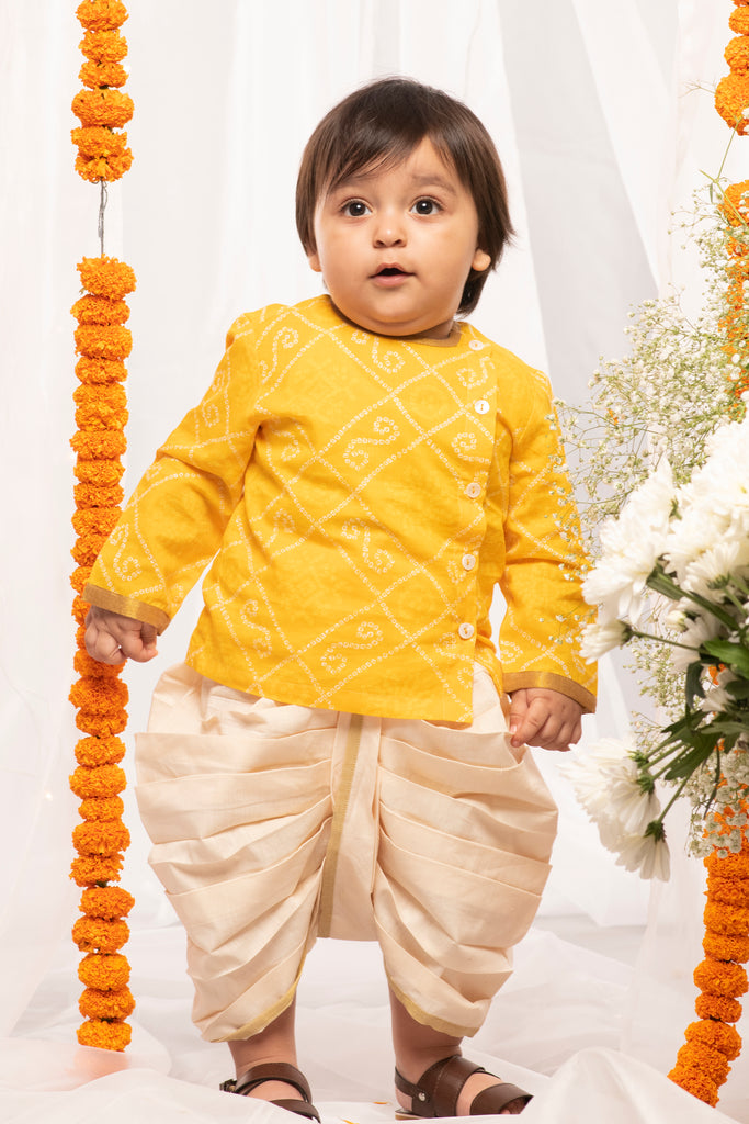 Buy Baby Boy Yellow Printed Bandhani Dhoti Set by Tiber Taber Kids