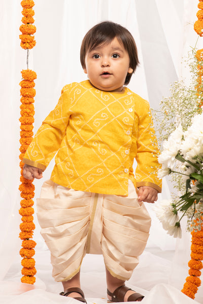 Kids Infant Dhoti Kurta Baby Boy Yellow Printed Bandhani Dhoti Set
