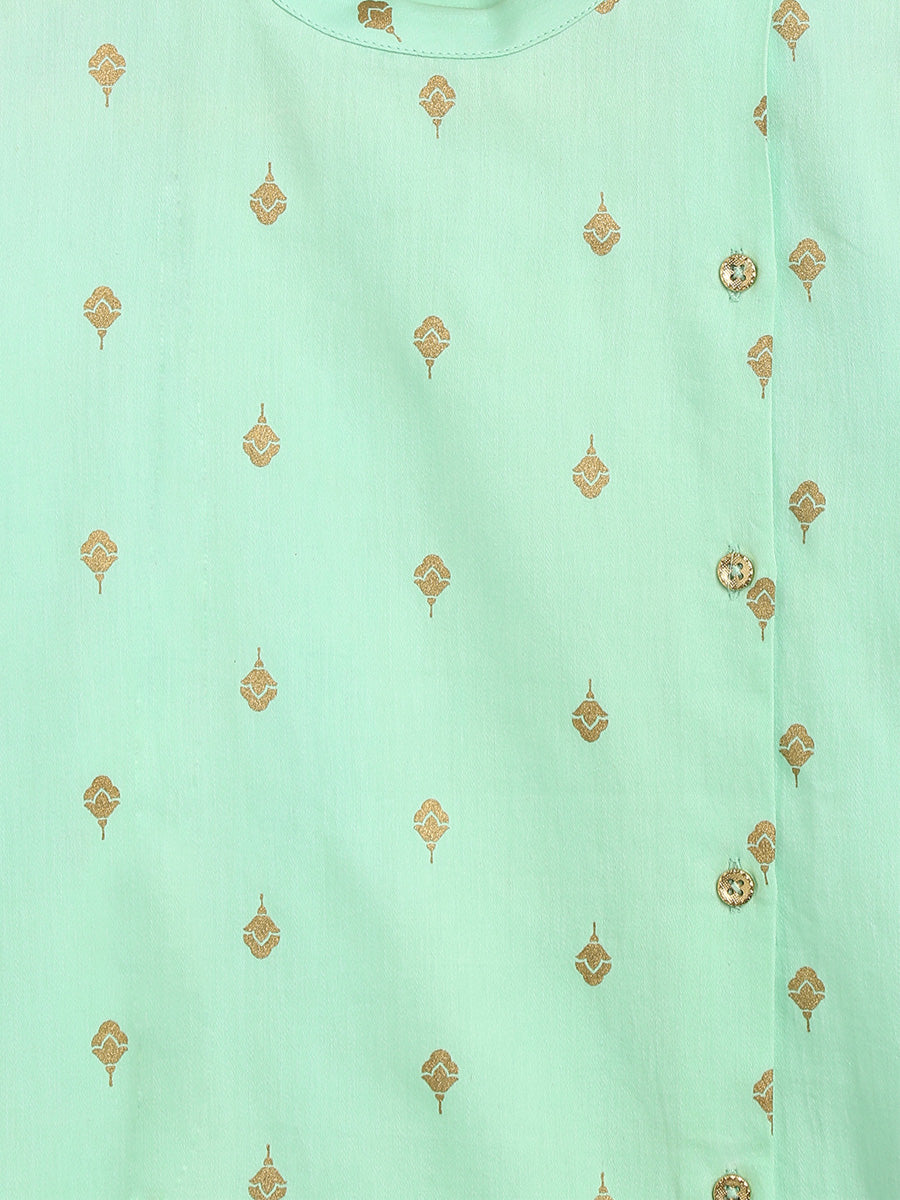 Boys Nawab Dhoti Kurta Cotton Set Gold Print- Green