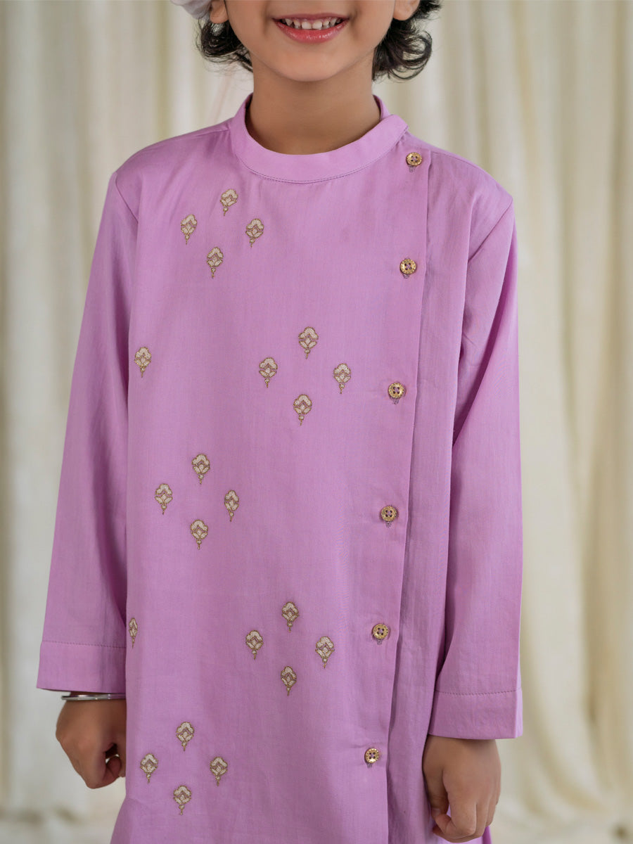 Boys Nawab Kurta Pyjama Cotton Set Embroidered- Purple