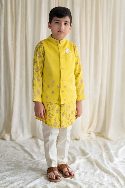 Shop Boys 3 Pc Bandhgala Bundi Kurta Set Embroidered- Yellow by Tiber Taber Kids