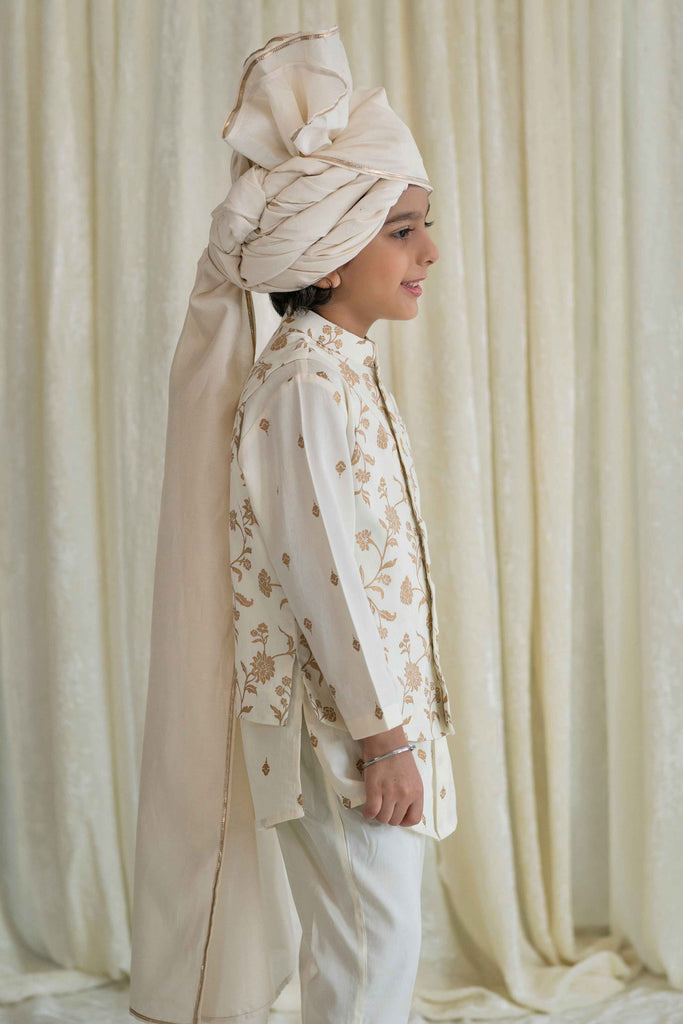 Buy Boys 3 Pc Bandhgala Bundi Kurta Set Gold Print- Cream by Tiber Taber Kids