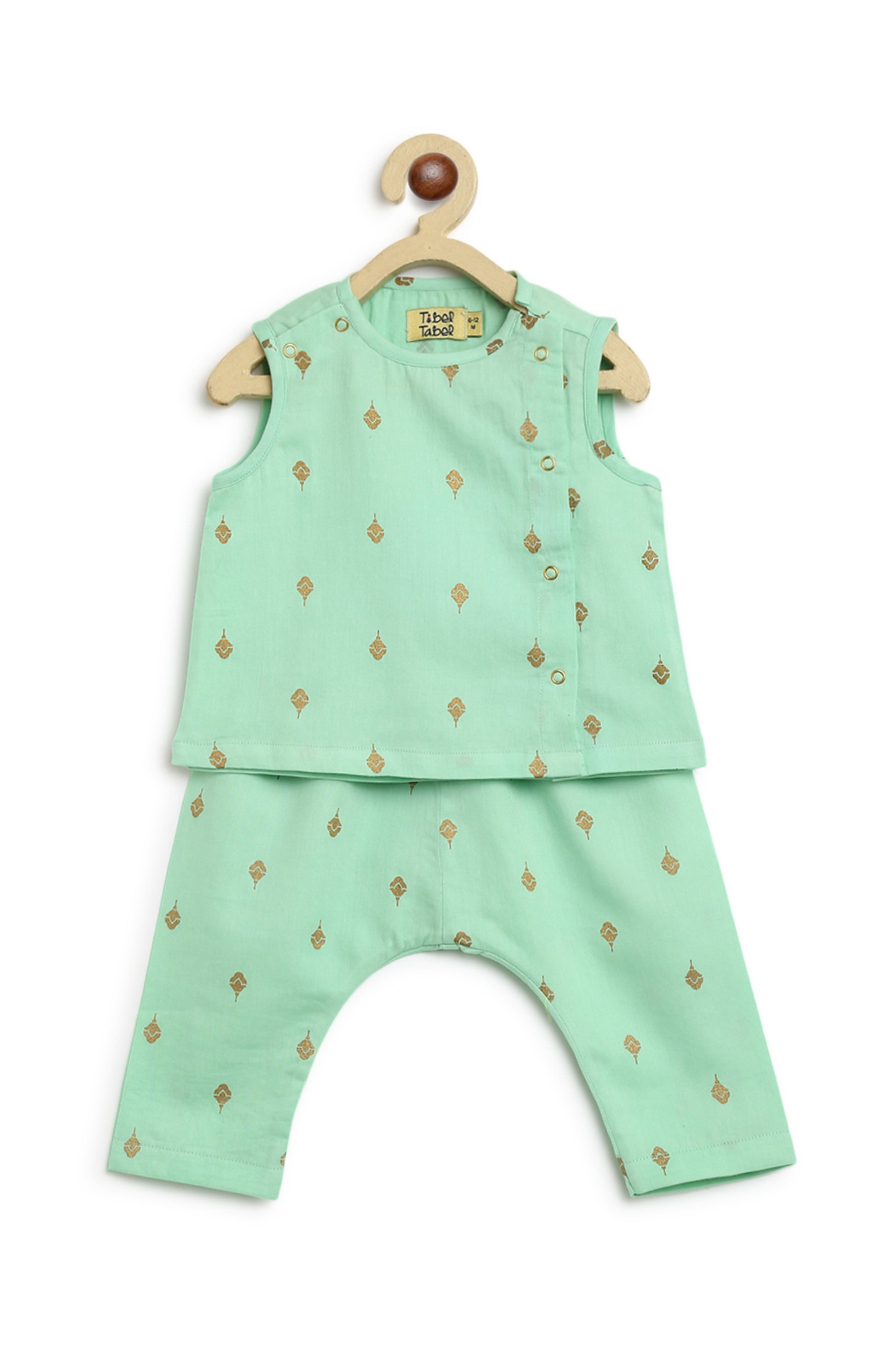 Shop Newborn Baby Premium Cotton Jhabla Set Gold Buta- Green by Tiber Taber Kids