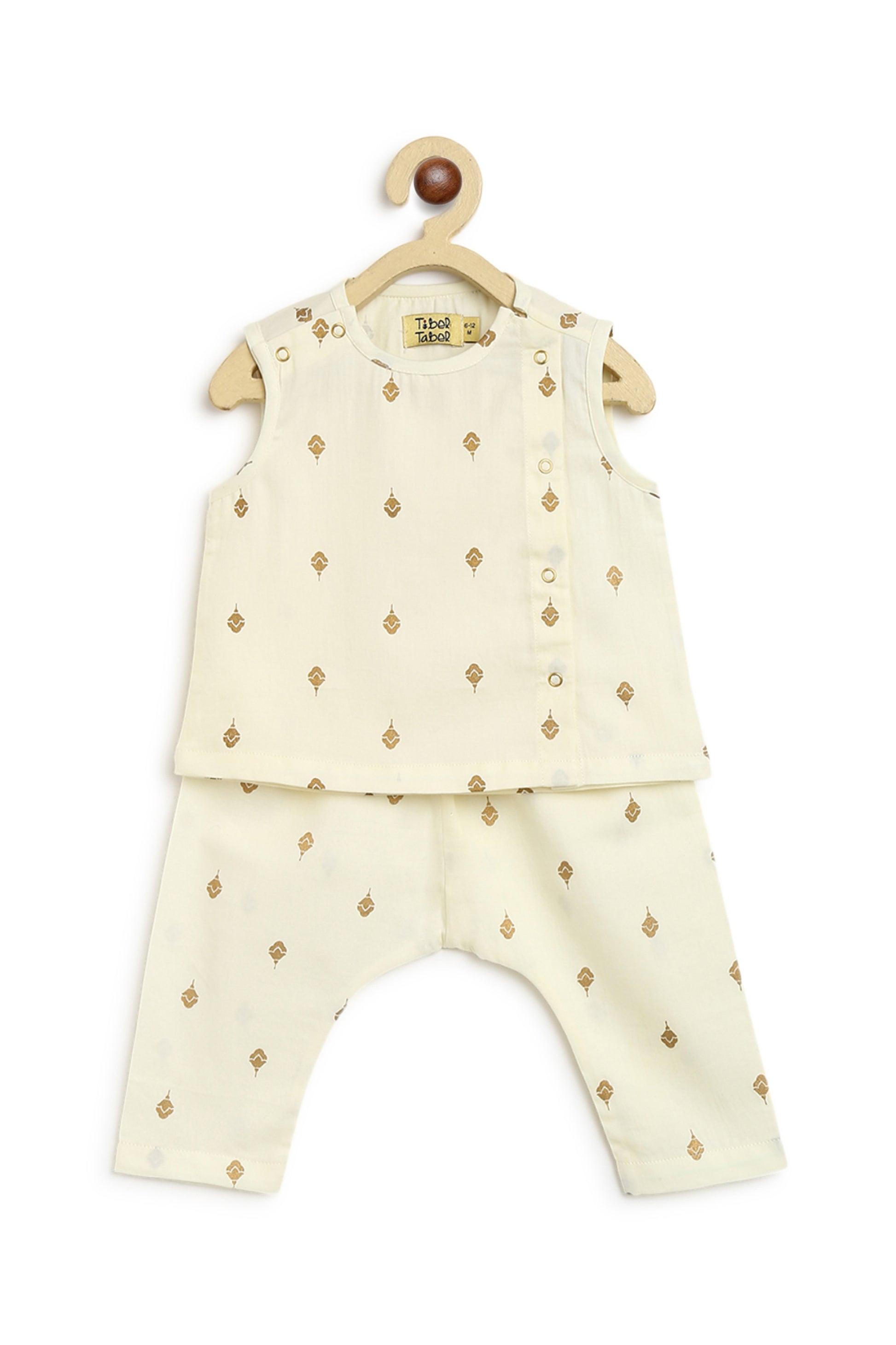 Buy Newborn Baby Premium Cotton Jhabla Set Gold Buta- Cream by Tiber Taber Kids