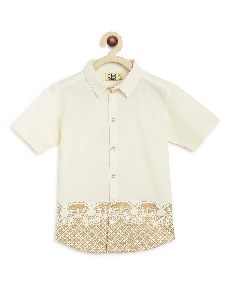 Buy Boys Panel Gold Print Shirt-Cream by Tiber Taber Kids