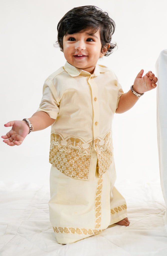 2 Pc Mundu Dhoti Shirt Set-Cream by Tiber Taber Kids