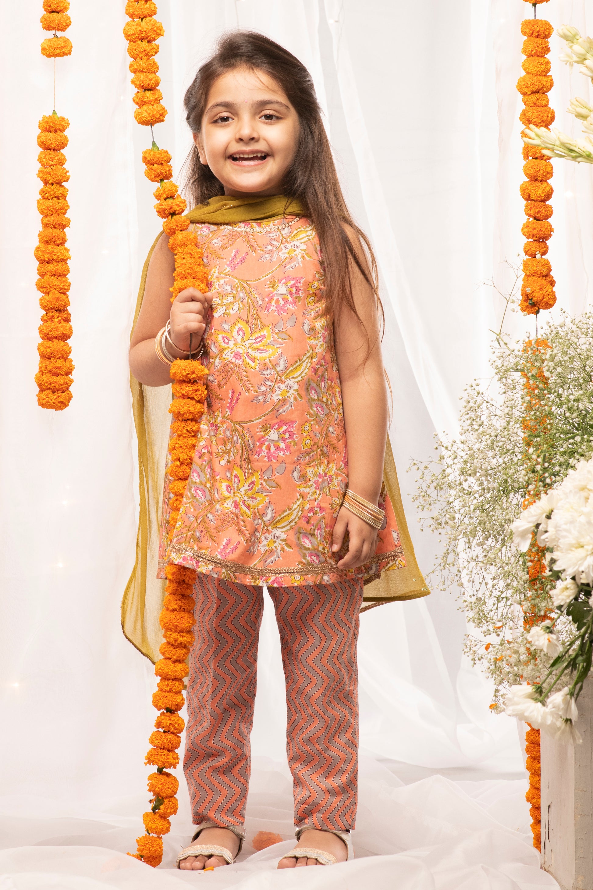 Buy Girls Peach Printed Floral Suit Set by Tiber Taber Kids
