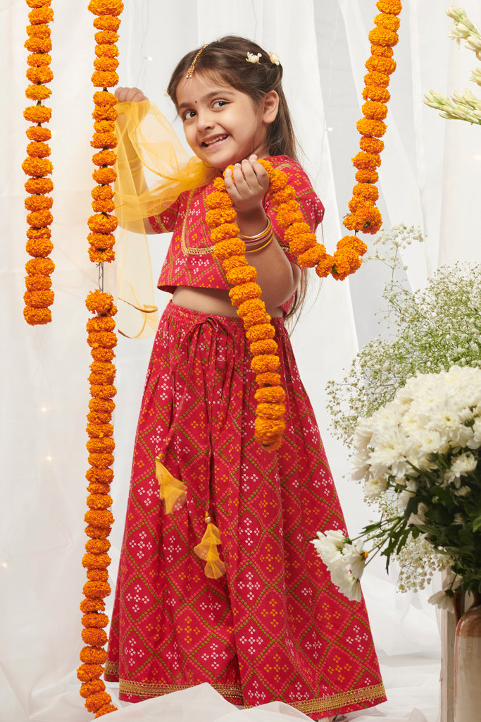 Buy Girls Pink Printed Bandhani Lehenga Set by Tiber Taber Kids