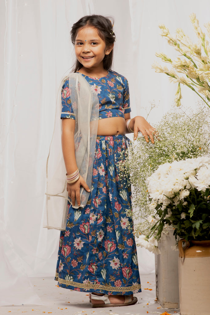 Buy Girls Blue Printed Floral Lehenga Set by Tiber Taber Kids