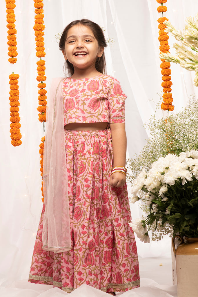 Buy Girls Pink Printed Floral Lehenga Set by Tiber Taber Kids