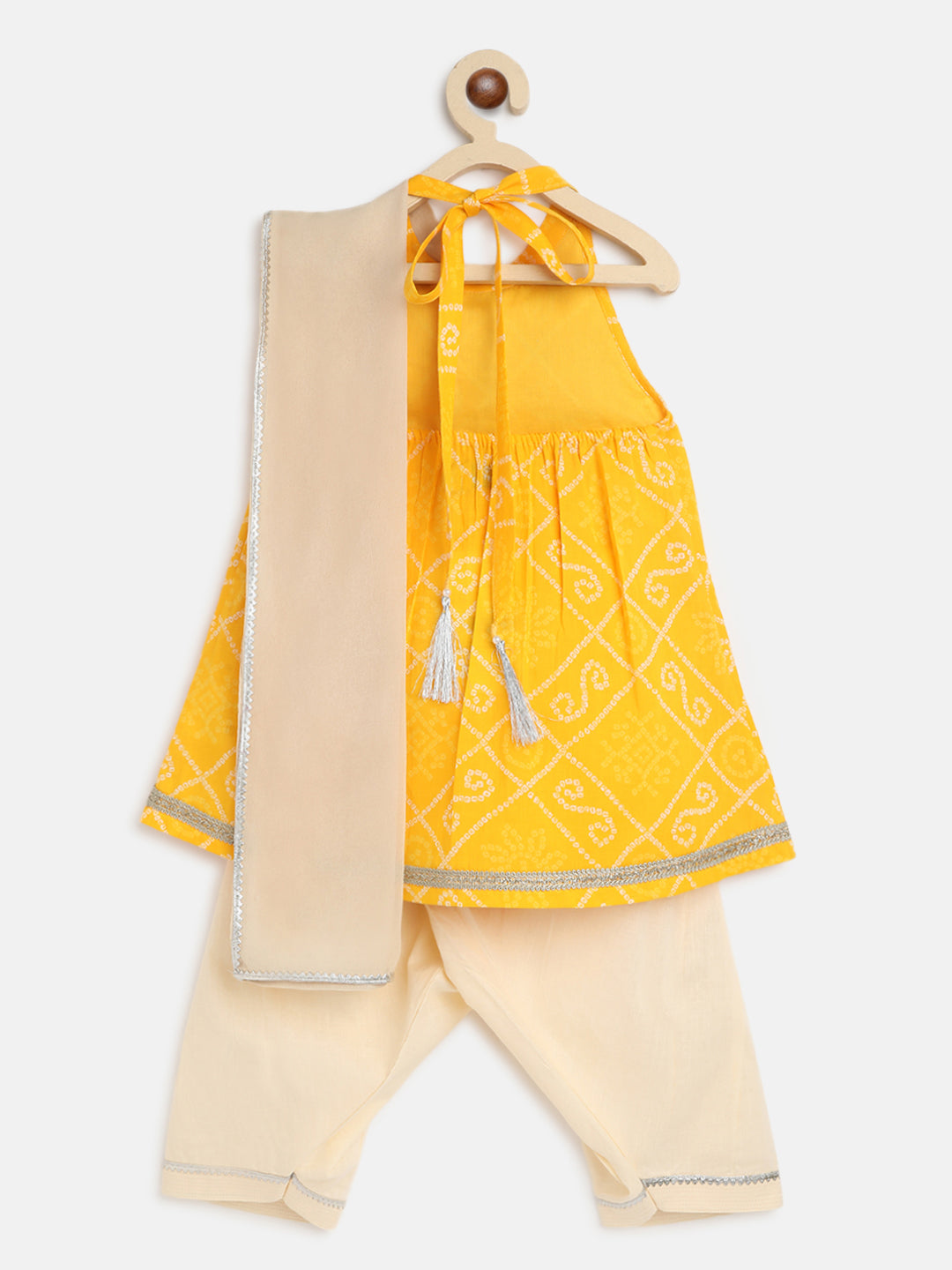 Shop Girls Yellow Printed Bandhani Suit Set by Tiber Taber Kids