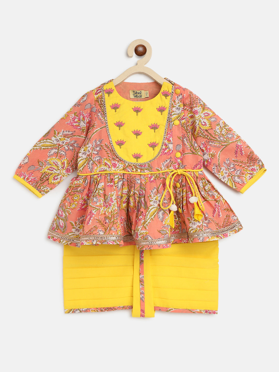 Shop Baby Girl Peach Printed Floral Angrakha Set by Tiber Taber Kids
