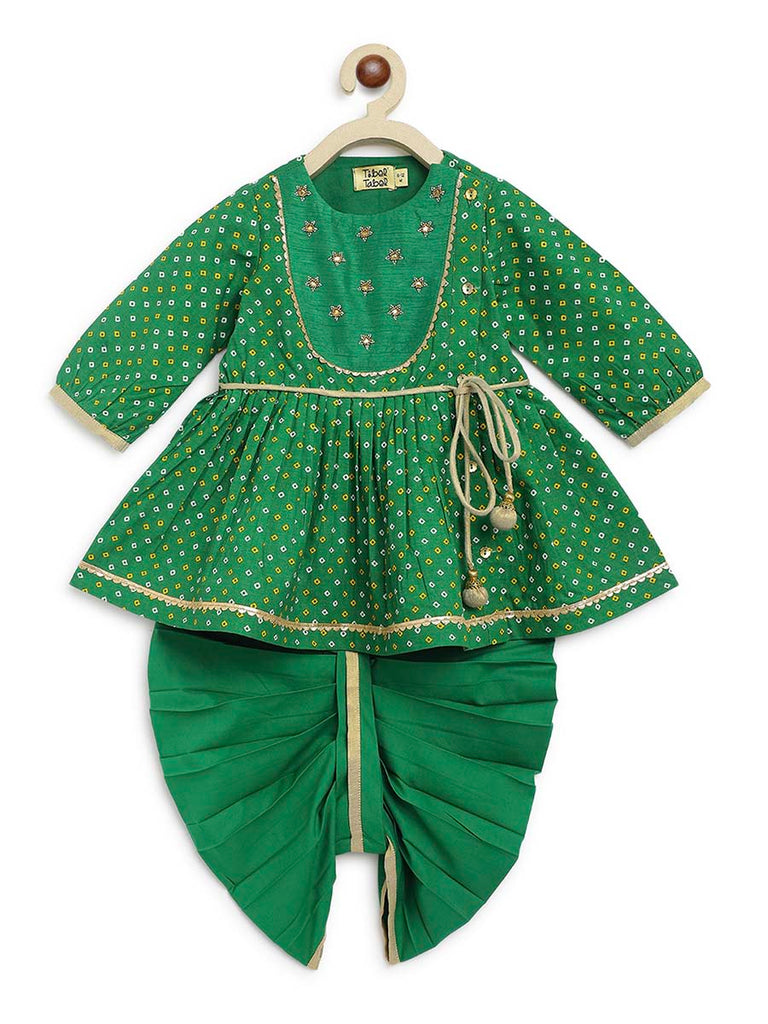 Buy Baby Girl Bandhani Printed Angrakha Suit Set-Green by Tiber Taber Kids