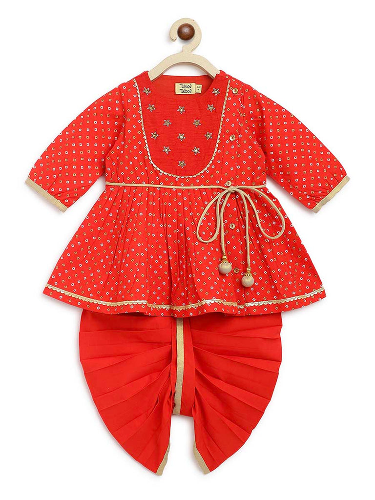 Buy Baby Girl Bandhani Printed Angrakha Suit Set-Red by Tiber Taber Kids