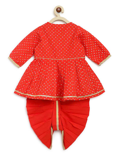 Shop Baby Girl Bandhani Printed Angrakha Suit Set-Red by Tiber Taber Kids