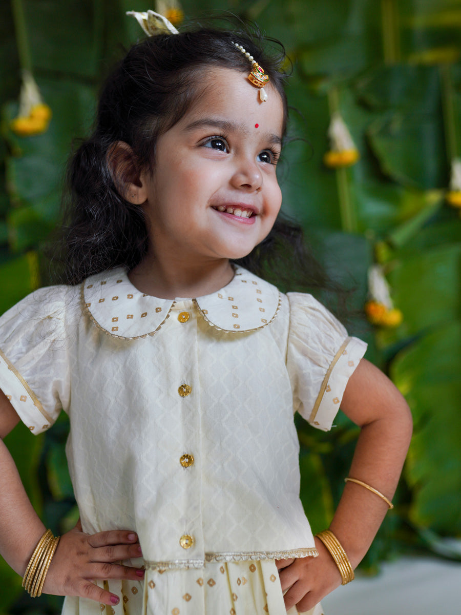 Shop Baby Girl Bandhani Pattu Pavdai-Cream by Tiber Taber Kids