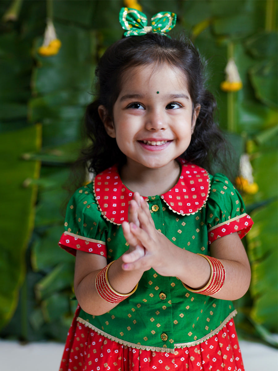 Shop Baby Girl Bandhani Pattu Pavdai-Green by Tiber Taber Kids