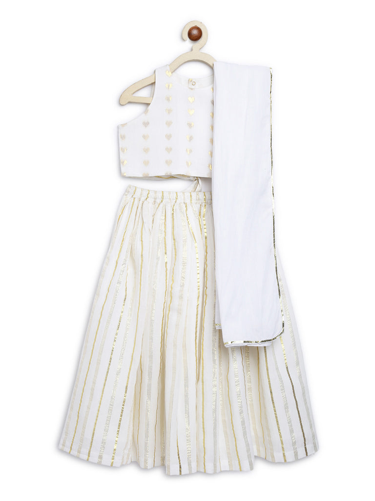 Buy Girl Golden Hearts Lehenga Choli Set-White by Tiber Taber Kids