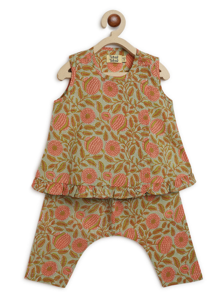 Buy Girls Jhabla Floral Jaal Green by Tiber Taber Kids