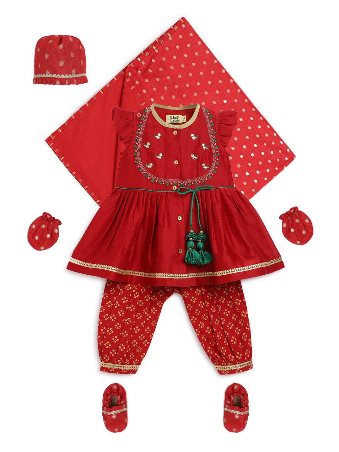 Baby Girl Bird Embroidery Jamna Set - red