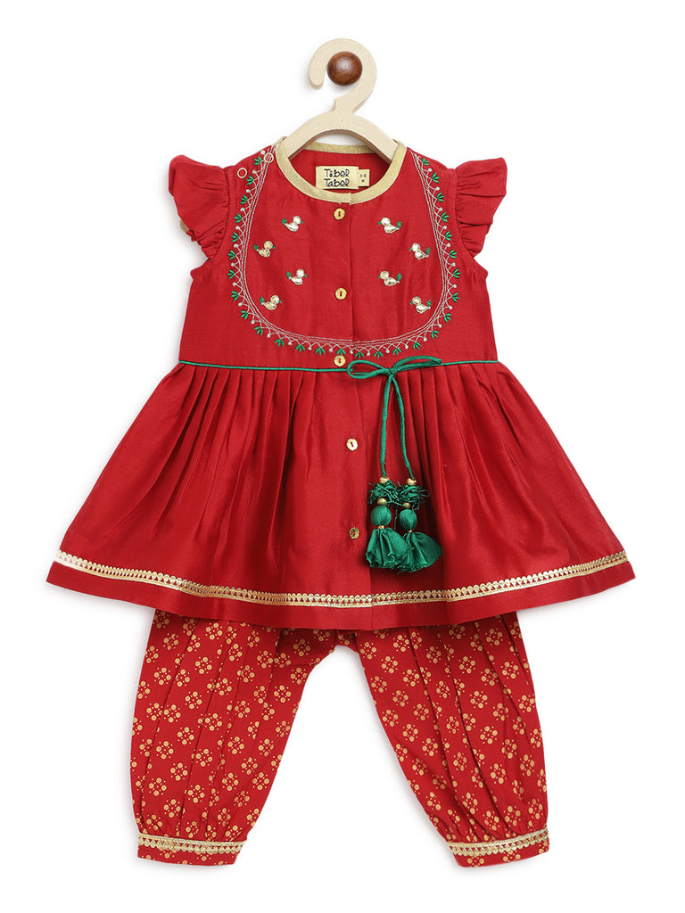 Buy Baby Girl Bird Embroidery Jamna Set - red
