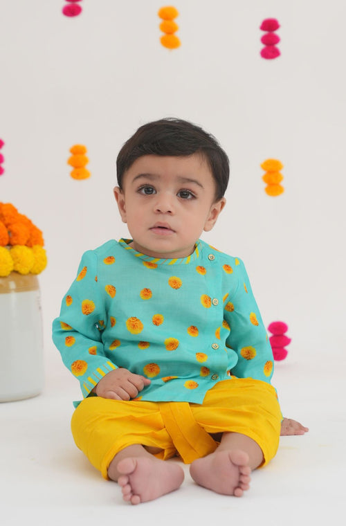 Genda Phool Dhoti Kurta Set- Blue