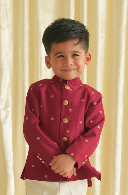 Plum Buta Bandhgala Set - Maroon