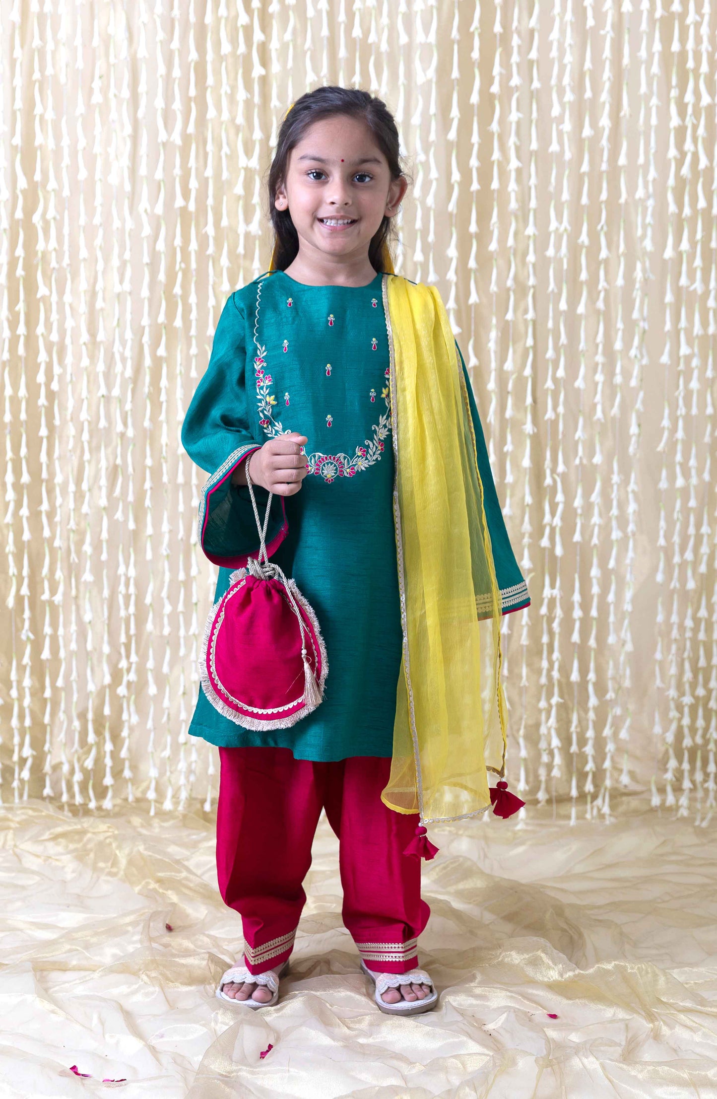 Nargis Silk Suit Set for Girls - Green