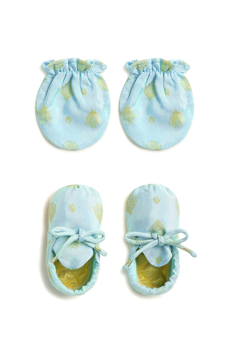 Festive Blue Booties & Mittens Set