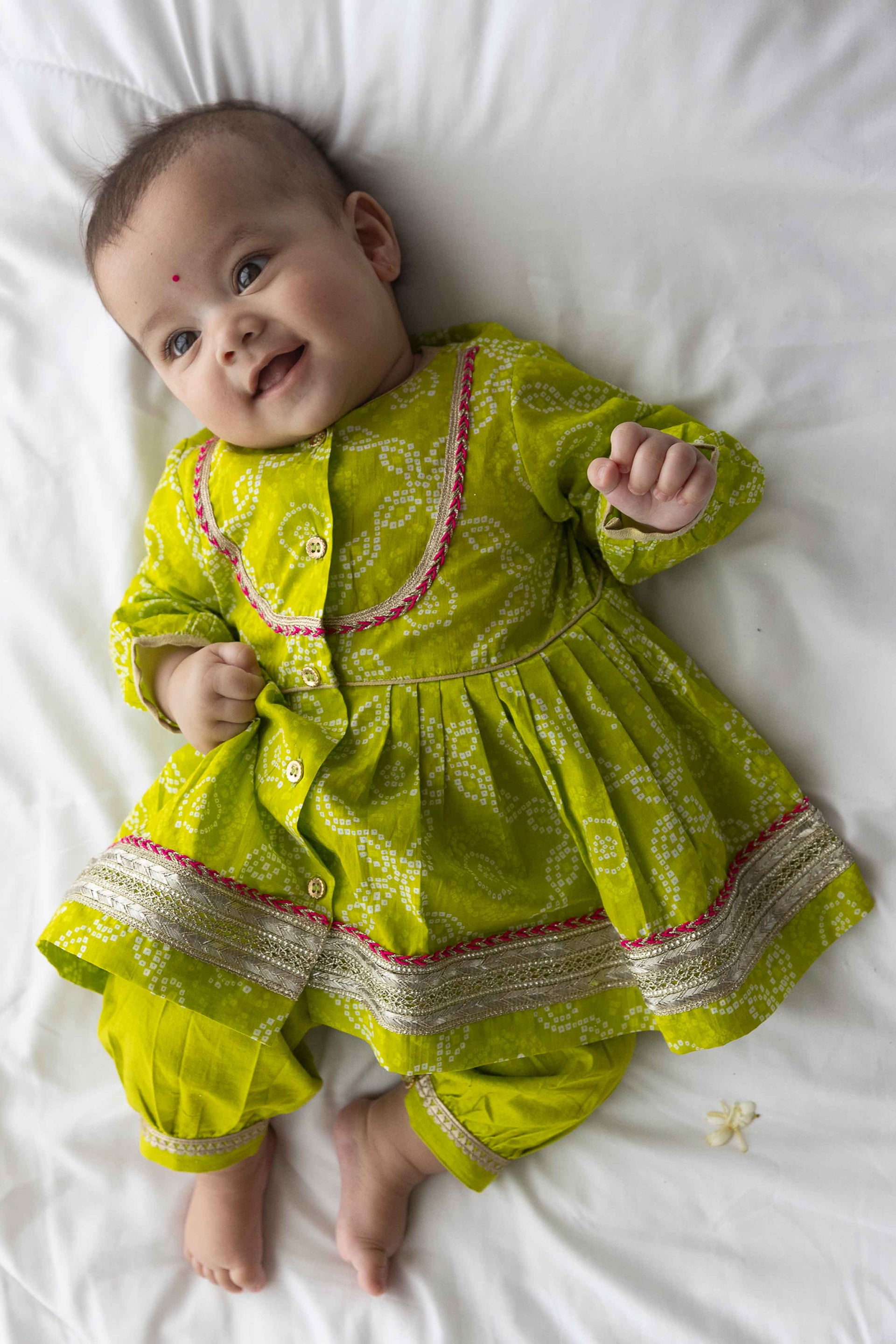 Baby Girl Bandhani Angrakha Suit Set Green
