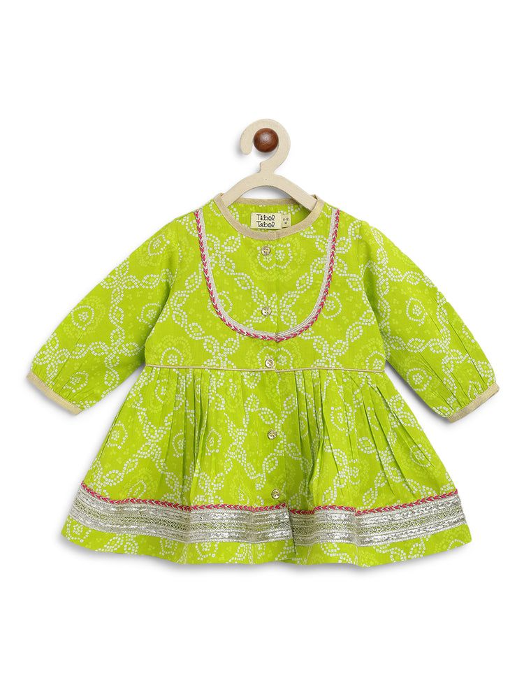 Baby Girl Bandhani Angrakha Suit Set Green