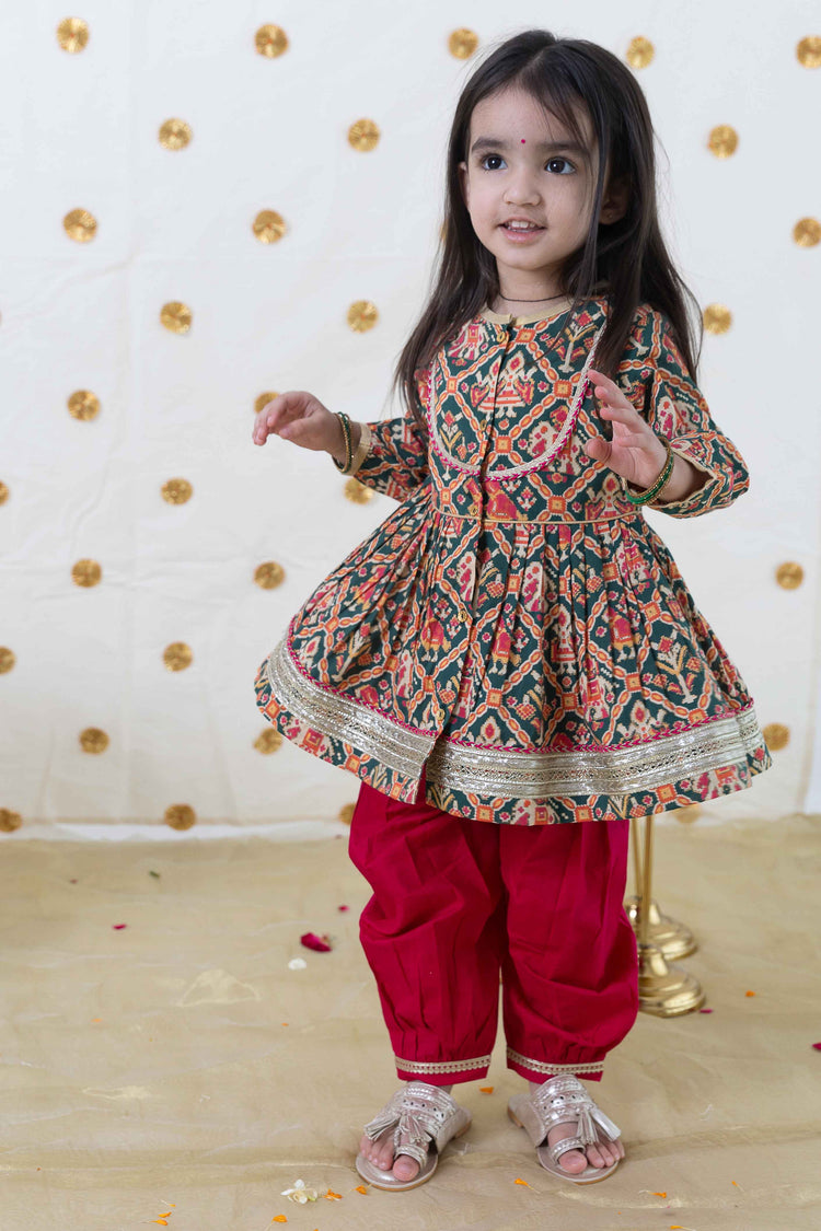 Baby Girl Patola Print Cotton Angrakha Suit Set Green