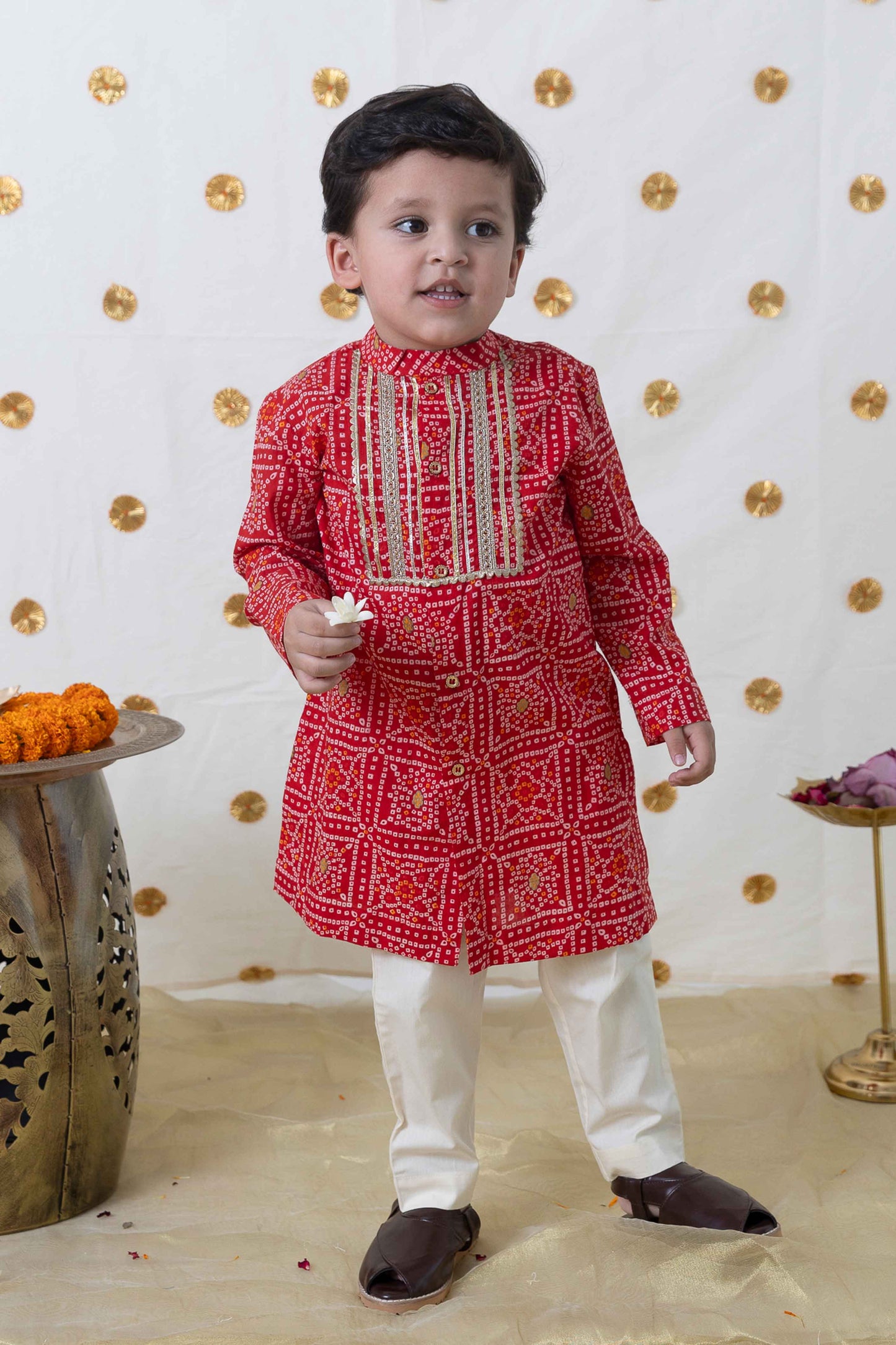 Boy Bandhani Print Cotton Kurta Set - Red