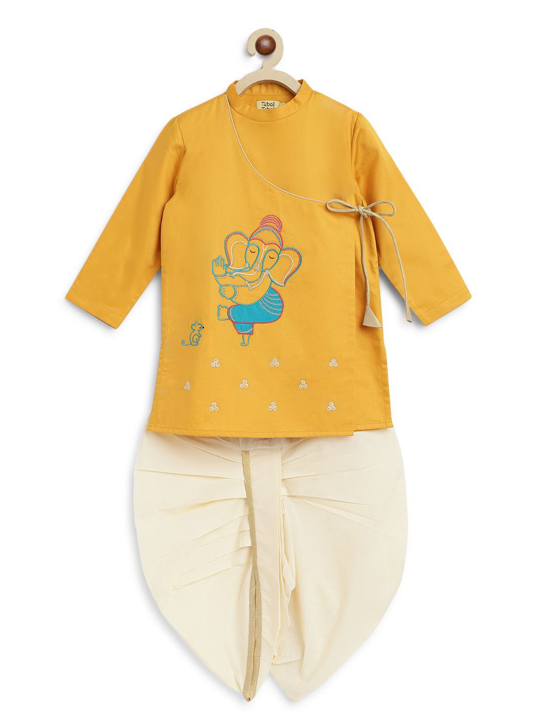 Boy Ganesha Embroidered Cotton Dhoti Kurta Set - Yellow
