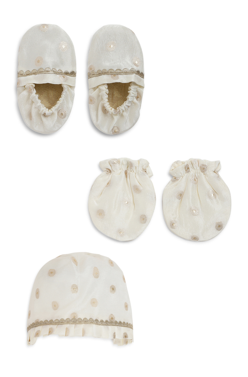 Baby Soft Brocade Booties Mittens And Cap Set