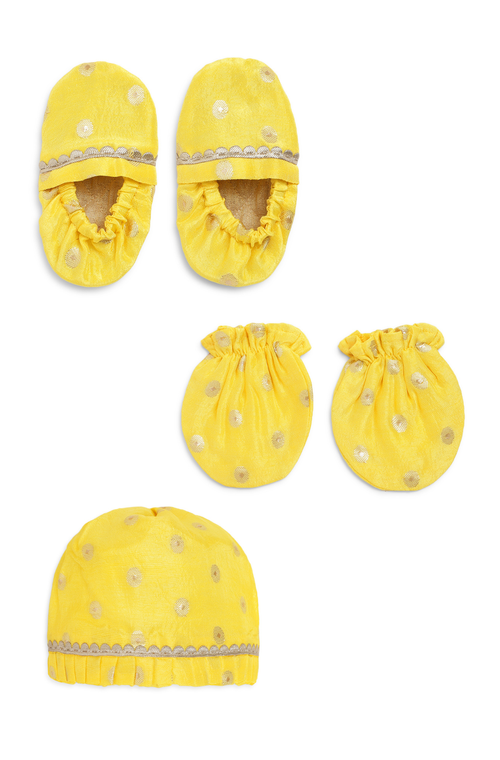 Baby Soft Brocade Booties Mittens And Cap Set
