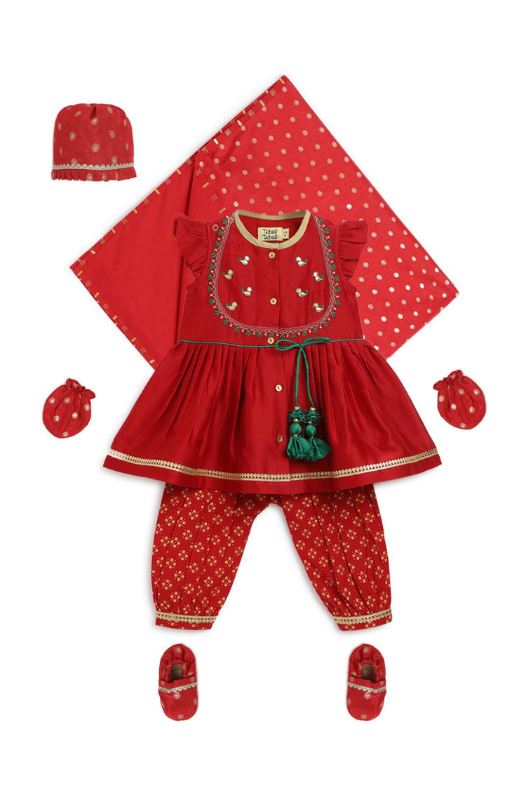 Baby Girl Bird Embroidery Jamna Set - Red