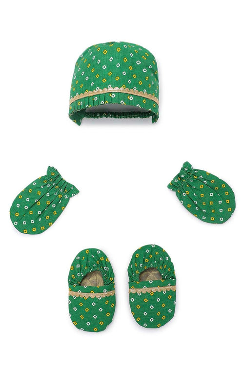 Baby Booties Mittens And Cap Set-Green
