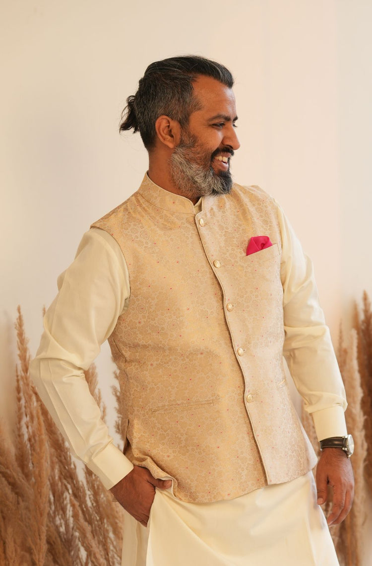 Raja Saheb Mens Bundi Jacket - Cream